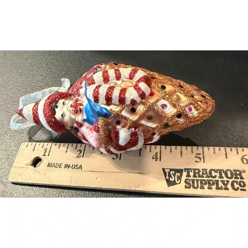Christmas Holiday Ornament Girl in Ice Cream Waffle Cone Glitter Glass